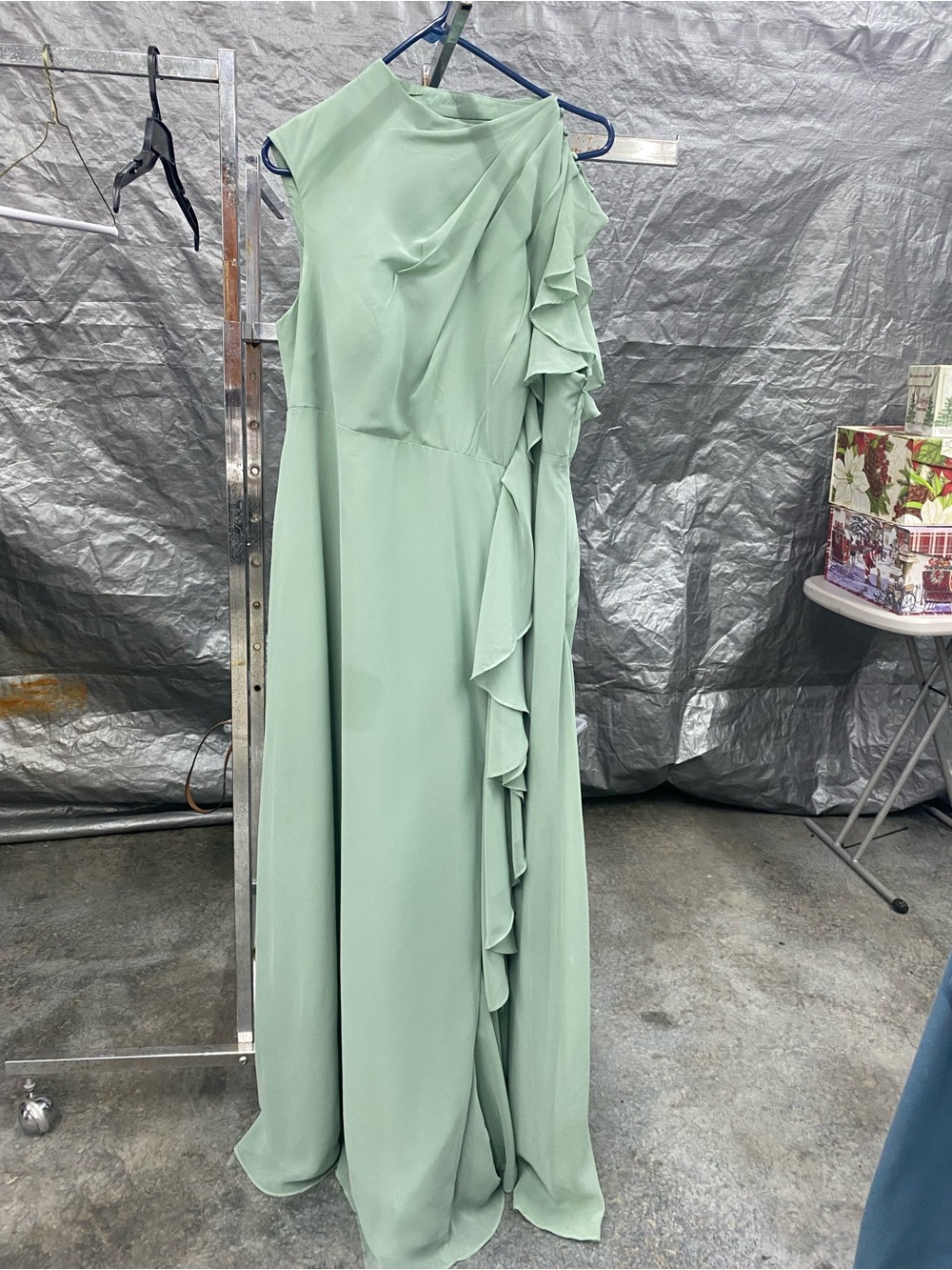 Azazie One-Shoulder Ruffle Gown in Sage